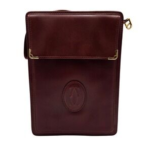 Must de Cartier Vintage Burgundy Leather Wristlet Clutch Bag Gold Tone Hardware